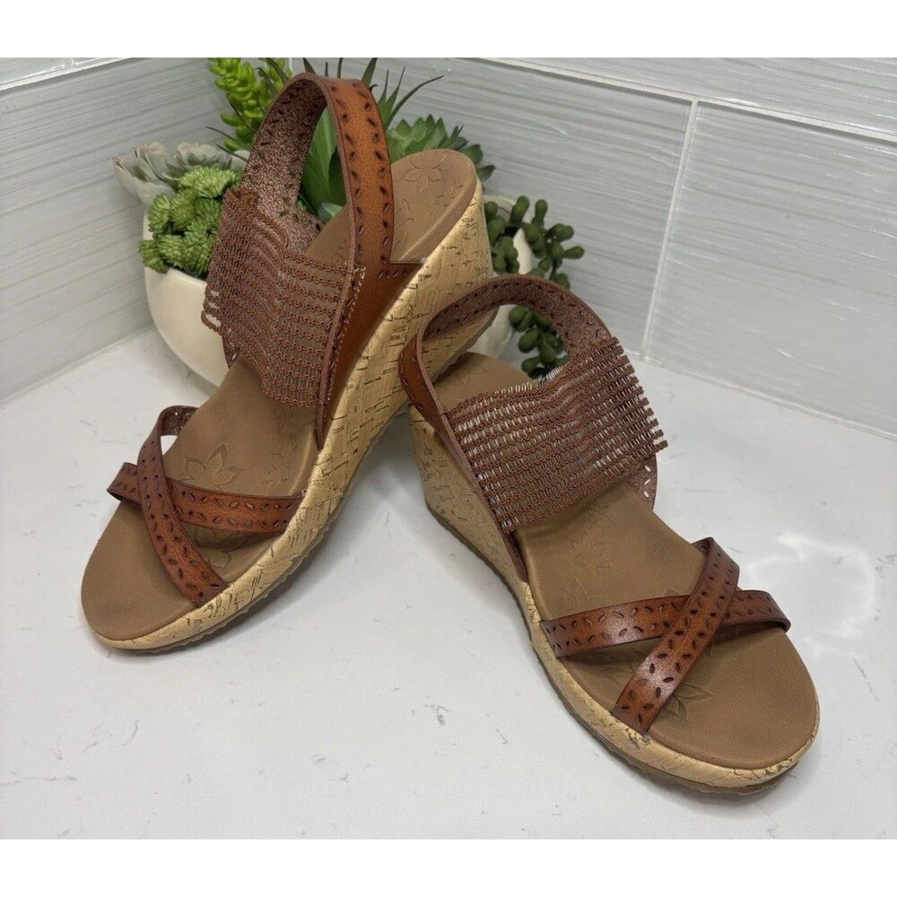 Skechers Cali Luxe Foam Wedge Sandals Brown Cork Slingback Laser Cut Strappy 8